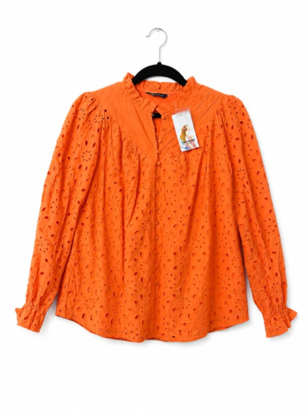 Pretty Garden Orange Eyelet Blouse Size L Boho Puff Sleeve Embroidered Top